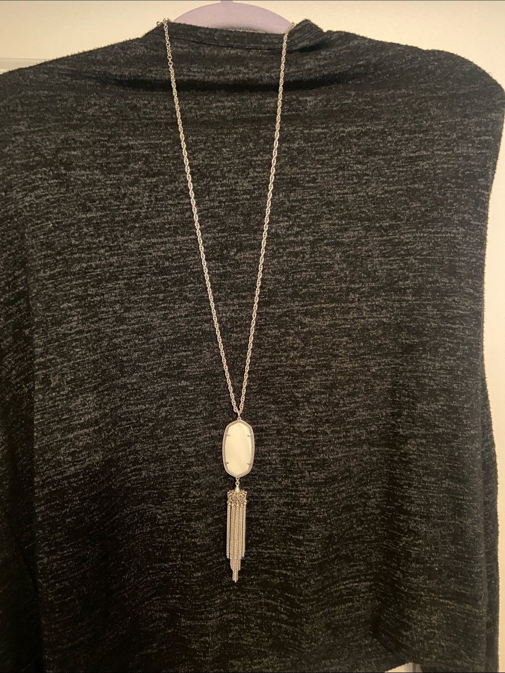 Kendra Scott Silver Long Pendant Necklace with White Stone and Tassel